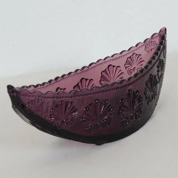 Amethyst Pressed Glass Console Bowl Half Moon Shell Scroll Starburst Vintage - Picture 4 of 8